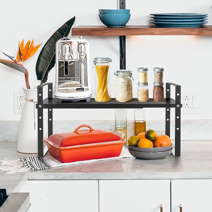 Expandable Cabinet Shelf Organizer Rack, Stackable Kitchen Counter Storage Shelves Stand, Adjustable Height Pantry Shelf Spice Rack (Black, 1 Pack)-Ruum Studio Home