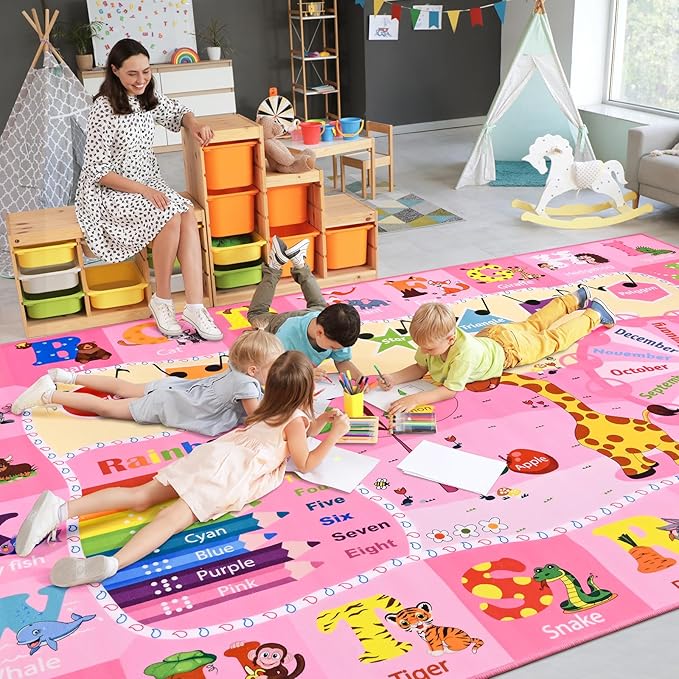 Kids Rugs for Playroom Bedroom Classroom Nursery, Non-Slip and Washable Rugs for Children Toddlers Girls, Educational and Fun Rug Carpets with ABC Alphabet Animals Shapes, 5x7, Pink-Ruum Studio Home