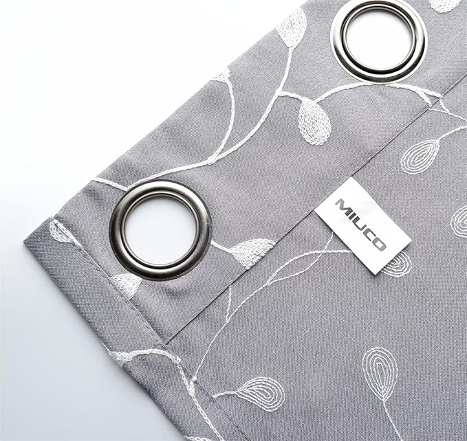 MIUCO Floral Embroidery Semi Sheer Curtains Faux Linen Grommet Curtains for Bedroom 52 x 63 Inch 2 Panels, Grey-Ruum Studio Home