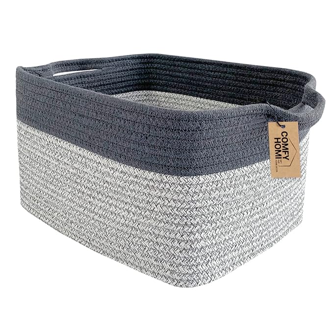 COMFY-HOMI Cotton Rope Woven Basket with Handles for Shelves,Toys,Book, Cloth Storage Baskets Bin for Organizing-13.5"x11"x9.5" Toy Decorative Organizer for Living Room, Bathroom-Light Grey-Ruum Studio Home