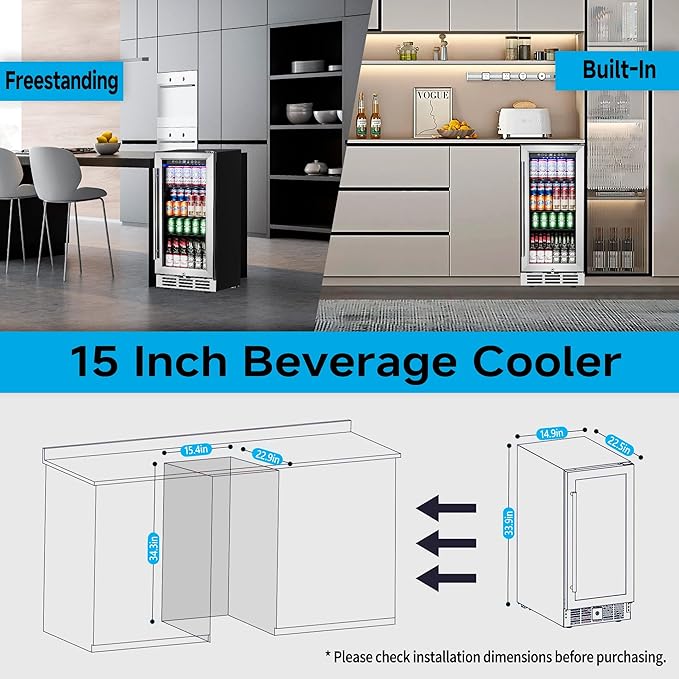 15 Inch Beverage Refrigerator Under Counter - 126 Cans Beverage Fridge with Glass Door for Beer Wine Soda - Built-in or Freestanding Wine Cooler with Safety Lock for Home Kitchen Bar-Ruum Studio Home