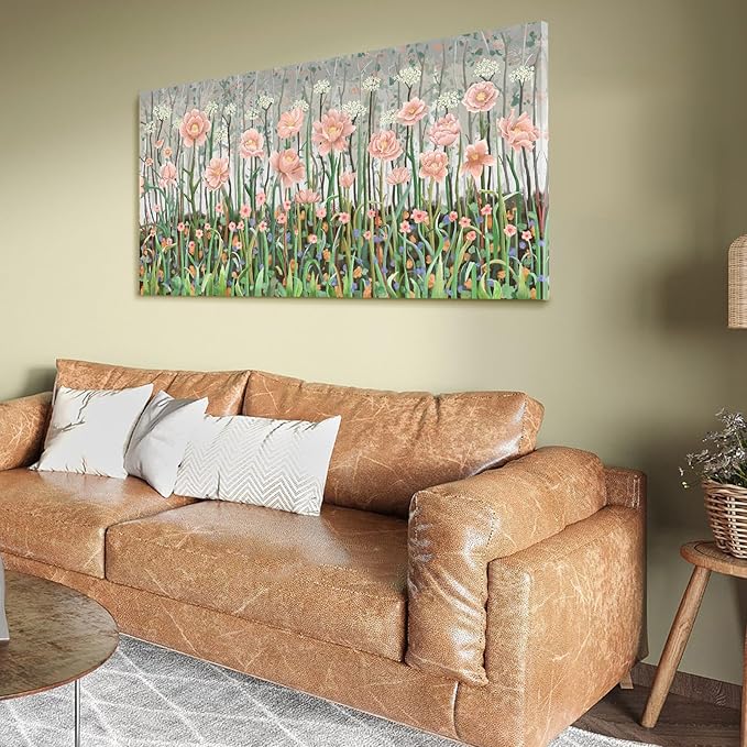 amatop Large Floral Wall Art Modern Abstract Flower Field Canvas Picture Botanical Artwork Rustic Wall Decor for Living Room Bedroom Pink Green Blooming Wildflower Forest Nature Art Print 48x24in-Ruum Studio Home