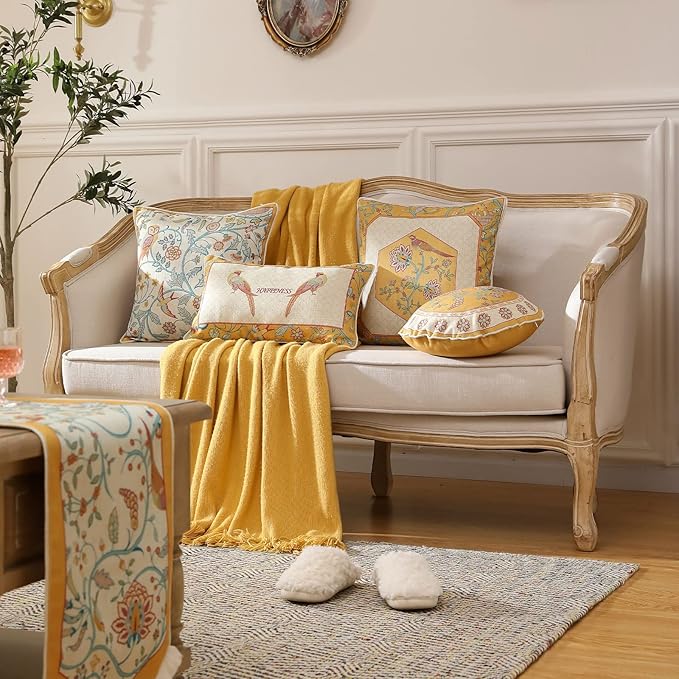patdrea Design Yellow Linen Throw Pillow Covers Pack of 4, French Square Lumbar Round Pillowcase, Soft Durable Cushion Cases Pillowcase for Couch Bedroom Car Living Room 4 PCS-Ruum Studio Home