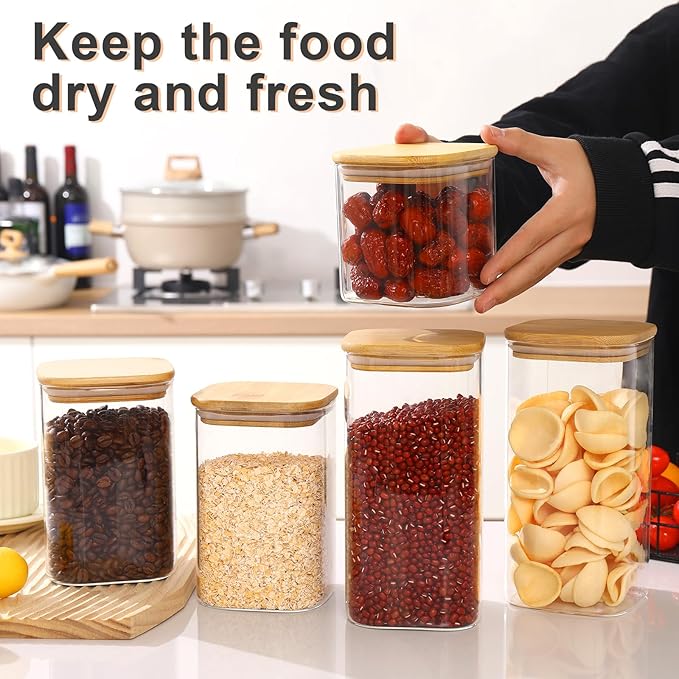 Glass Food Storage Jars with Lids(24oz/37oz/50oz)Square Set of 6 ,Glass Storage Containers Clear Glass Food Canister with Bamboo Lid Airtight For Serving Tea, Coffee Beans, Candy,Spice and More-Ruum Studio Home