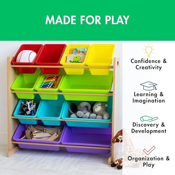 Humble Crew Kids Toy Storage Organizer with 12 Plastic Bins, Natural Wood/Rainbow – Removable Bins for Playroom, Bedroom, Toddler Furniture for Boys and Girls Ages-Ruum Studio Home
