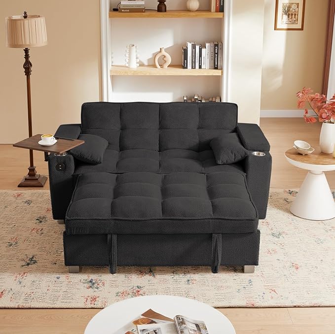 Large Size Convertible Sleeper Sofa Bed,Polka dot Velvet Pull Out Futon Couch with Storage handrails & Rotating Side Tables,Convertible Sofa Couch for Living Room,RV-Ruum Studio Home
