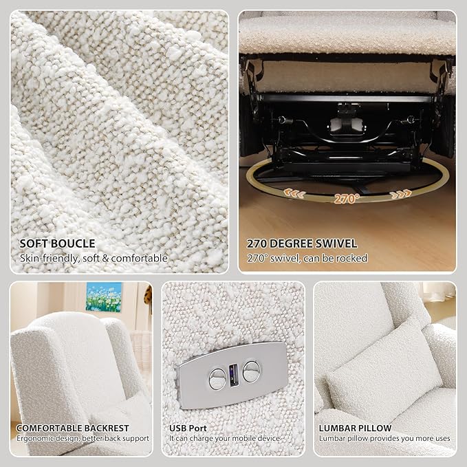 Power Recliner Chair Swivel Glider, Large Rocker Recliner w/USB Charging Port, Boucle Upholstered Swivel Rocker Glider Recliner for Nursery,Bedroom,Living Room, 1PC, Cream-Ruum Studio Home