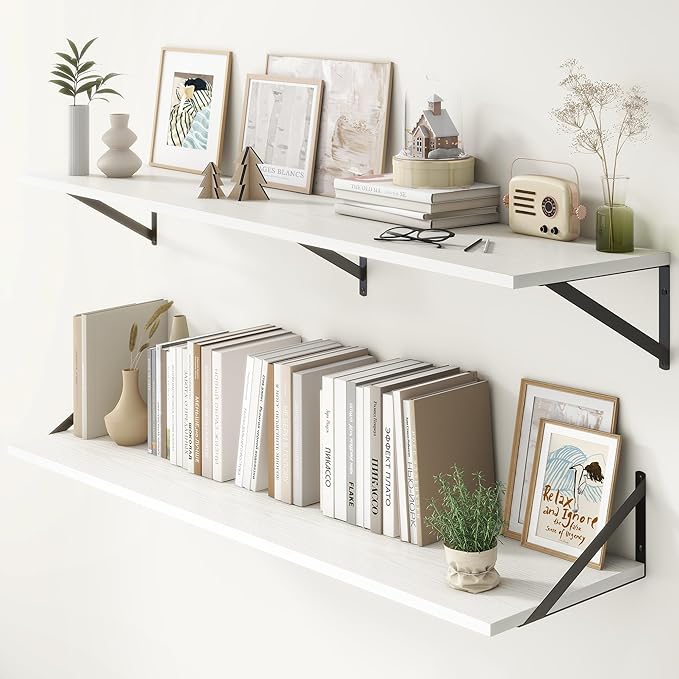 Fun Memories Deep Floating Shelves, 55W x 12D Floating Shelves for Wall, Wood White Floating Shelf with Bracket, Wide Display & Storage Wall Shelves for Living Room, Bedroom,-Ruum Studio Home