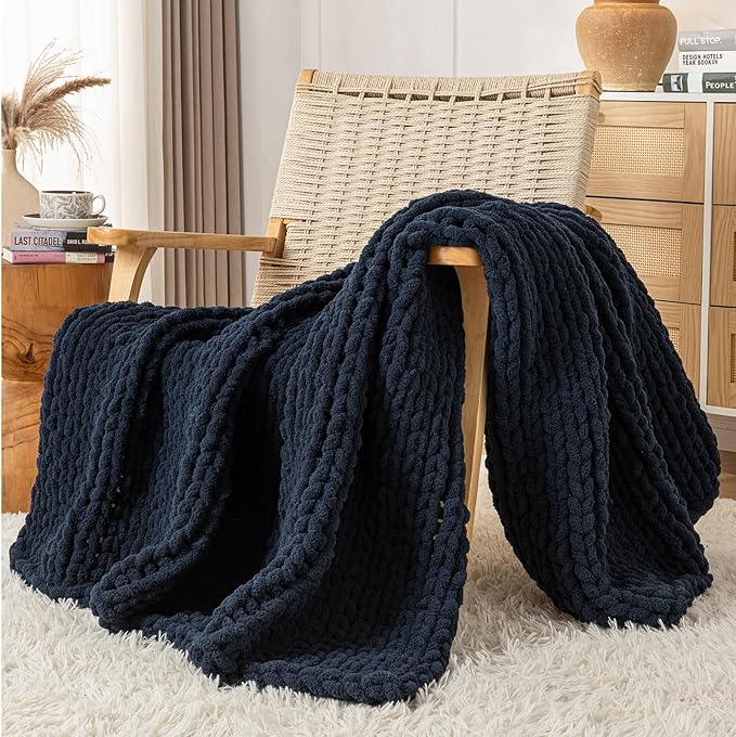Chunky Knit Blanket Throw, 100% Hand Knit Throw Blanket Handmade Chenille Cable Knit Throw for Couch, Stylish Cozy Soft Rope Knot Crochet Blanket for Home Decor, Navy Blue, 50x60 Inches-Ruum Studio Home
