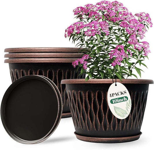 4 Pack 10 Inch Retro Plant Pots, Vintage Striped Flower Pots with Drainage Hole & Saucer, Large Plastic Planters for Indoor and Outdoor Plants, Decorative Garden Pots(Copper)-Ruum Studio Home