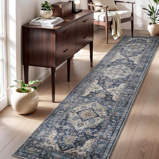 AMOAMI-2X10 Runner Rug-Washable Runners for Hallways-Soft Non Slip Bedside Rugs for Bedroom-Vintage Long Rug for Hallways Entryway Laundry Room Stair Kitchen Bathroom Blue-Ruum Studio Home