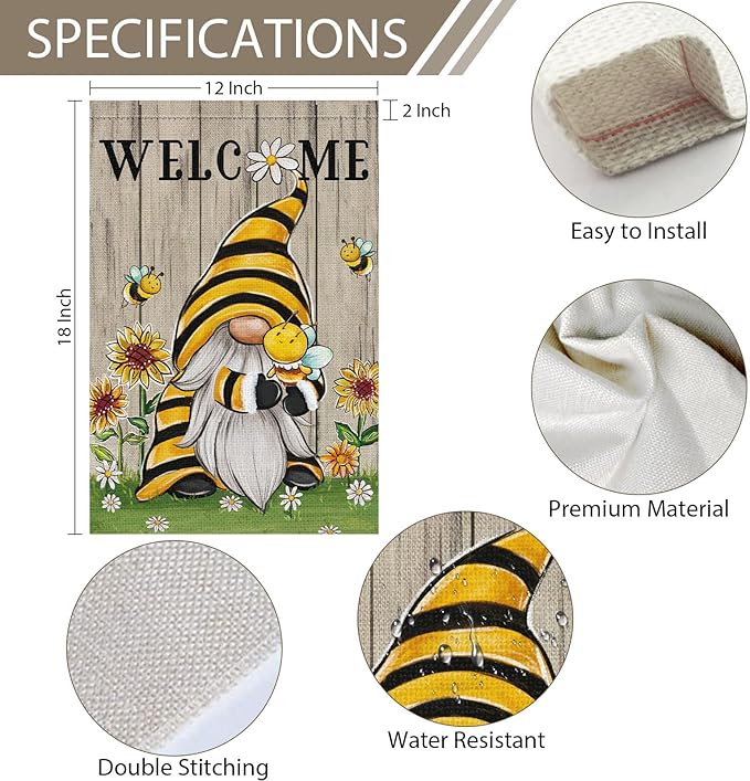 Welcome Summer Gnome Garden Flag Spring Summer Bee Sunflower Yard Flag 12x18 Double Sided Burlap Daisy House Flag for Rustic Seasonal Outside Outdoor House Decoration (ONLY FLAG)-Ruum Studio Home