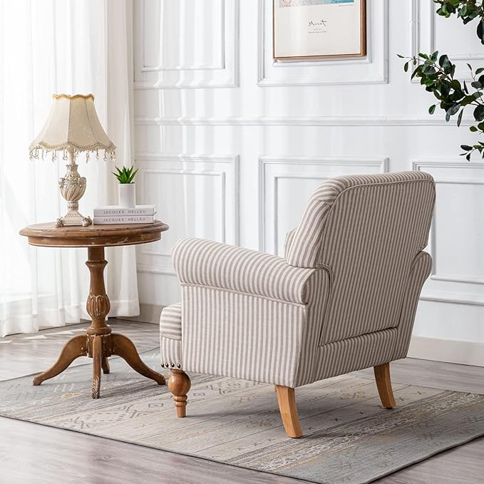 chairus Linen Accent Chair for Living Room Set of 2 Upholstered Mid Century Modern Single Sofa Chair with Solid Wood Legs Comfy Reading Chair Armchair for Bedroom/Office/Recption/Lounge, Khaki Stripe-Ruum Studio Home