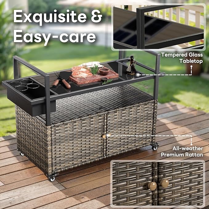 Outdoor Bar Cart with Storage Cabinet, Patio Bar Table with Tempered Glass Tabletop, Outdoor Serving Grill Cart with Rolling Wheels, Rattan Bar Cart for Patio, Backyard, Grey Wicker-Ruum Studio Home