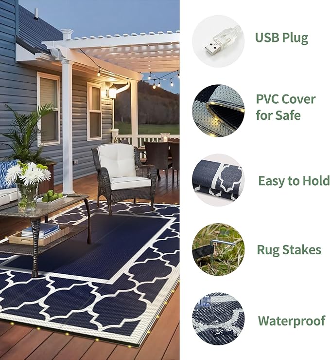 GENIMO 6' x 9' Outdoor Rug Waterproof for Patio Decor, Foldable Reversible Plastic Straw Area Rugs Mat with String Light, Led Carpet for Camper, Rv, Deck, Porch, Picnic, Beach, Balcony, Blue & White-Ruum Studio Home