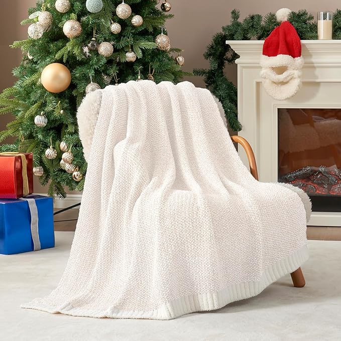 Snuggle Sac Buttery Ivory Throw Blanket for Couch, Reversible Super Soft Knitted Blankets, Warm Cozy Knit Fuzzy Plush Lightweight Throws Dupes for Sofa, Bed, Picnic, Ivory, 50 x 60 inches-Ruum Studio Home