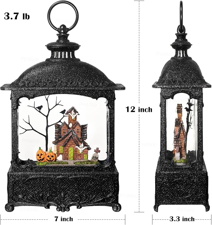 Halloween Snow Globe Lantern Haunted House Pumpkin Ghost Tree Crow Rip Dancing Bats with Timer, USB and Battery Powered 12 inch-Ruum Studio Home