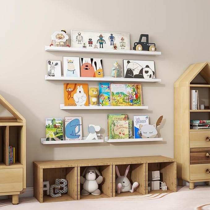 Floating Picture Ledge Shelves 55 Inch Solid Oak Wood Set of 2, Rustic Wall Storage Shelves with Lip, Kids Bookshelf, Photo & Picture Ledge Shelves for Bedroom, Living Room, Kitchen-Ruum Studio Home