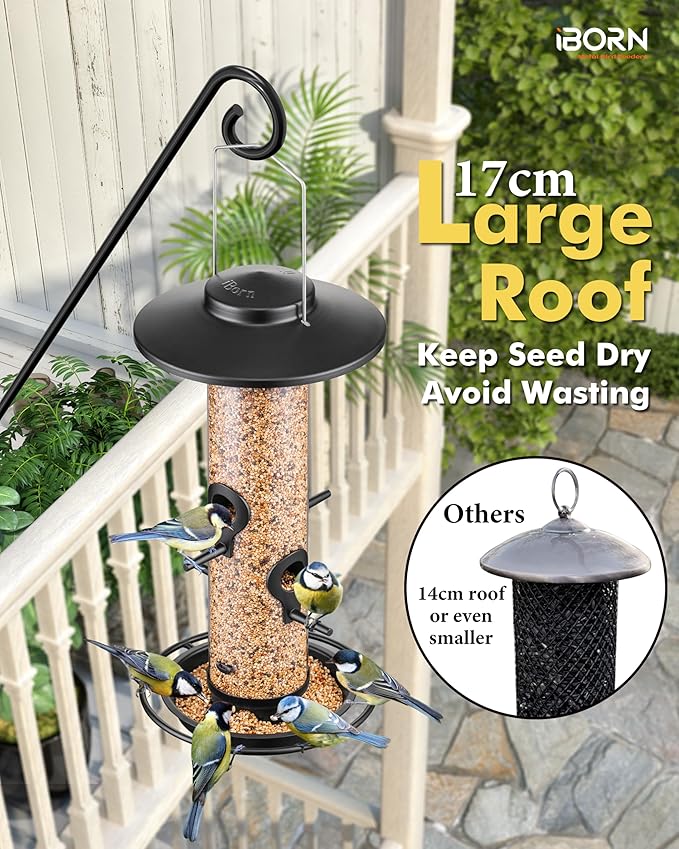 iBorn Metal Bird Feeders for Outdoors, 2LB Bird Seed Feeder 17cm Large Roof &Tray, 4 Feeding Ports, Black Finish-Ruum Studio Home