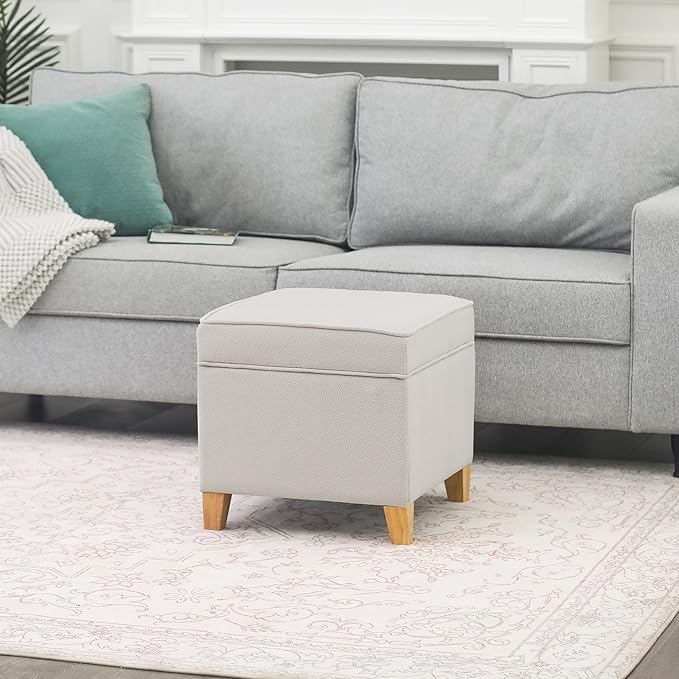 Adeco 17.5" Square Fabric Ottoman with Storage - Upholstered Cotton Linen Foot Rest - Flip Top Footstool with Sturdy Wood Legs, Small Cube Coffee Table Extra Seat for Living Room, Bedroom, White-Ruum Studio Home