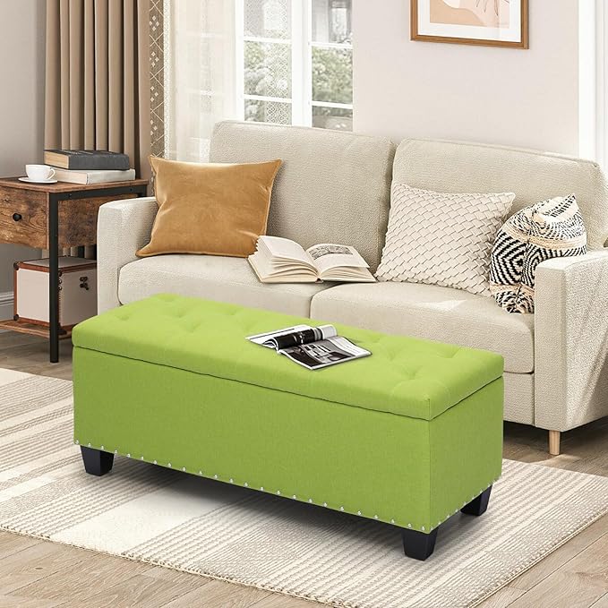 MoNiBloom 42 Inch Long Bench with Storage, Modern 40L Inner Space Green Linen Foot Stool for Bedroom, Upholstered Padded Rectangular Fabric Tufted Bench Footrest with Wood Legs with 660 Lbs Capacity-Ruum Studio Home