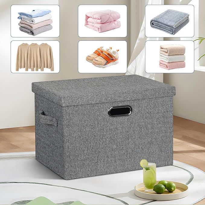 Large 17" 36 Quart Collapsible Stackable Storage Bins with Lids, 3 Packs Black and White Mix Linen Fabric Closet Boxes with Lids, Storage Cube Baskets Container Organizers (17x12x11)-Ruum Studio Home