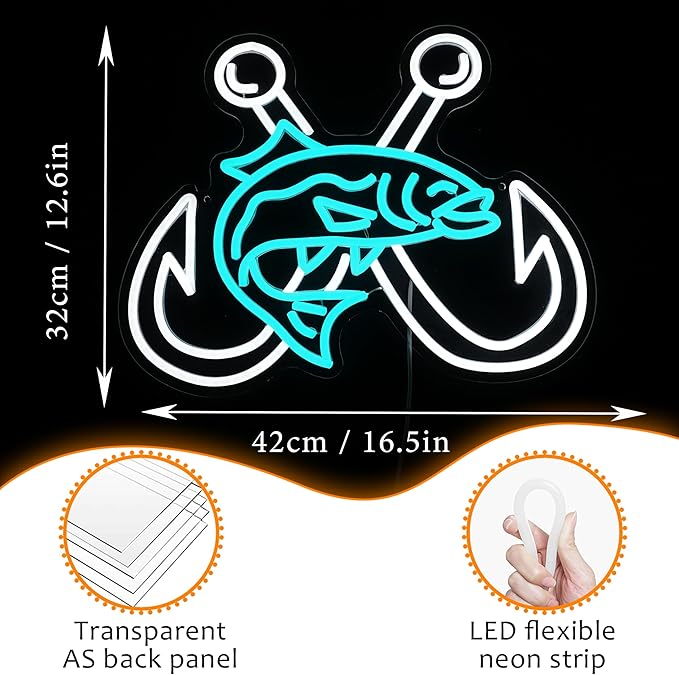 LISIGNVE Crossed Fish Hooks Neon Sign Fishing Led Neon Light for Wall Decor Fish On Light up Sign for Fishing Gear Store Yacht Gift for Father Boy(16.5 * 12.6 In)-Ruum Studio Home