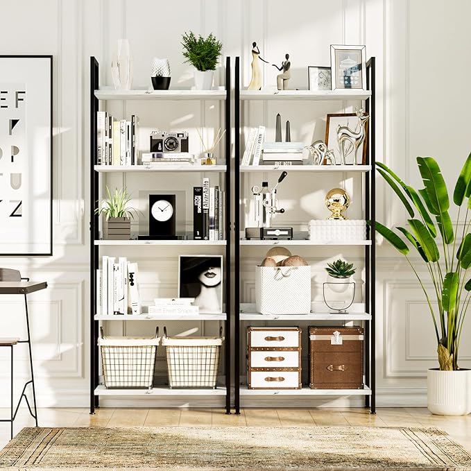 NUMENN Bookshelf, 5 Tier Bookshelves, Home Office Bookcase Shelf Storage Organizer, Free Standing Storage Shelving Unit for Bedroom, Living Room and Home Office, White Marble-Ruum Studio Home