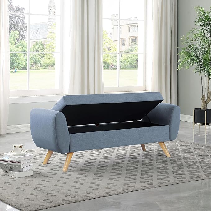 HomePop Modern Storage Bench with Wood Legs |Homepop Home Décor|Bench with Storage for Living Room & Bedroom - French Blue Woven-Ruum Studio Home