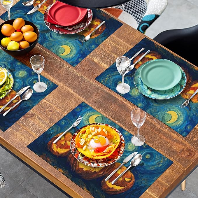 Halloween Placemats Set of 4 Pumpkin Vincent Van Gogh Starry Night Art Linen Table Mats 12x18 Inch Jack O Lantern Farmhouse Place Mats for Party Kitchen Dining Outdoor Indoor Decor-Ruum Studio Home