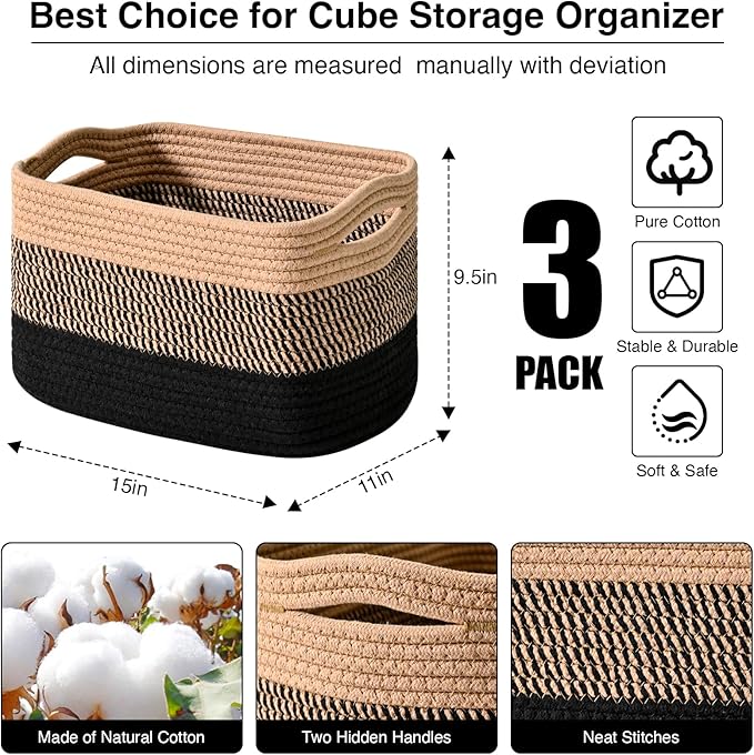 Storage Baskets for Organizing Shelves, Decorative Baskets for Storage, Woven Cotton Rope Basket for Living Room Bedroom Nursery, 15"x11"x9.5", 3 Packs, Gradient Black & Jute-Ruum Studio Home