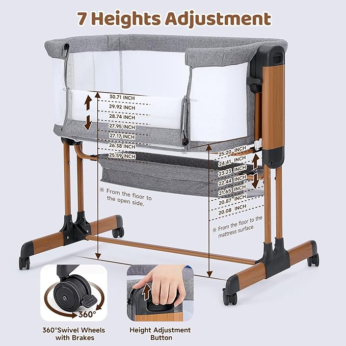 Ezebaby 3-in-1 Baby Bassinet, Rocking Baby Bassinets Bedside Sleeper, Adjustable Portable Crib for Newborn Infant with Wheels Storage Basket and Mesh Sides-Ruum Studio Home