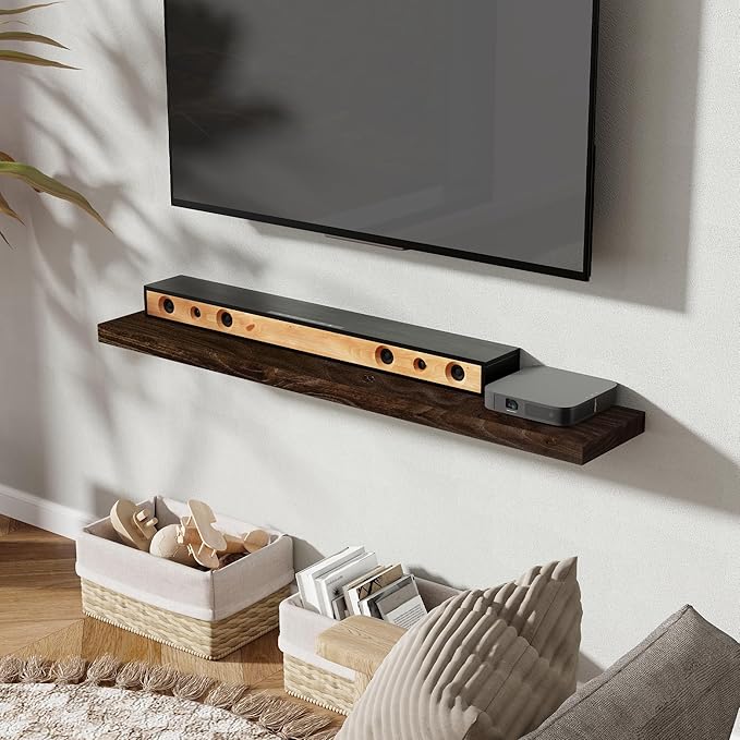 Fun Memories Rustic Elm Wood Floating Shelves for Wall, 48" Floating Shelf Wall Mounted, Long Floating Disply Shelf with Heavy-Duty Bracket for Living Room, Kitchen, Bathroom, Walnut Color, Set of 1-Ruum Studio Home