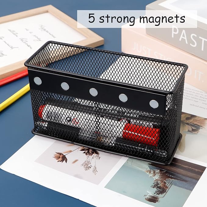 Magnetic Storage for Locker Baskets Organizer Black Magnetic Basket with 5 Strong Magnets, Magnetic Locker Organizer Holder for Whiteboard Office, 6.29'' × 2.28'' × 3.54''-Ruum Studio Home