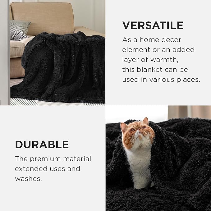 Bedsure GentleSoft Fluffy Black Blankets Queen Size for Bed, Thick Sherpa Faux Fur Fleece Fuzzy Plush Winter Warm Soft Full Queen Blankets, Bedroom Decor Black Gifts Cozy Gifts for Women Men, 90x90-Ruum Studio Home