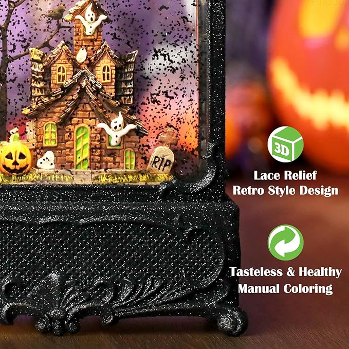 Halloween Snow Globe Lantern Haunted House Pumpkin Ghost Tree Crow Rip Dancing Bats with Timer, USB and Battery Powered 12 inch-Ruum Studio Home