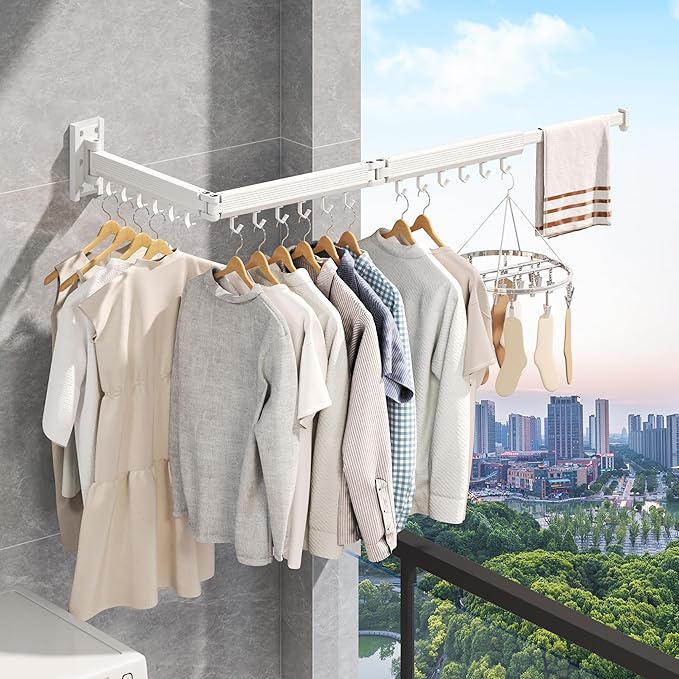 Laundry Rack Wall Mounted,Clothes Drying Rack,Drying Rack Clothing,Clothes Rack,Laundry Hanger Rack,Laundry Drying Rack,Drying Rack Wall Mounted,Retractable ,Collapsible,White Color（J-type Hooks）-Ruum Studio Home