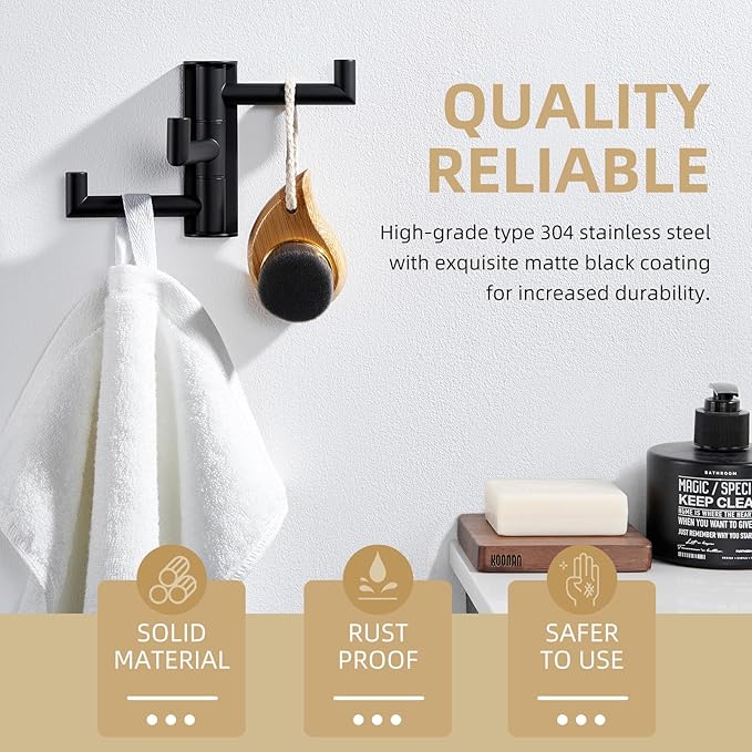 Angle Simple Swivel Towel Hook 3 Arms, SUS 304 Stainless Steel Foldable Bathroom Robe Towel Hook, Wall Coat Holder, Matte Black-Ruum Studio Home