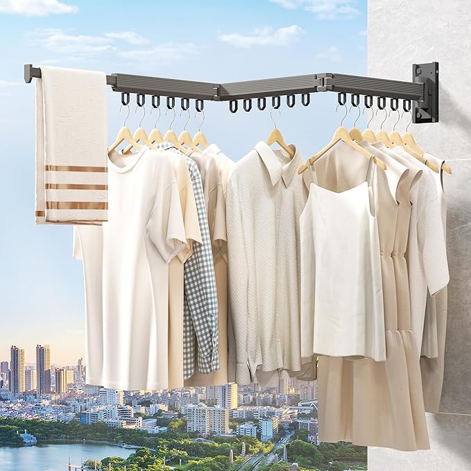 Grey Color Laundry Rack - Wall Mounted, Collapsible Clothes Drying Rack With Loop-type Hooks-Ruum Studio Home