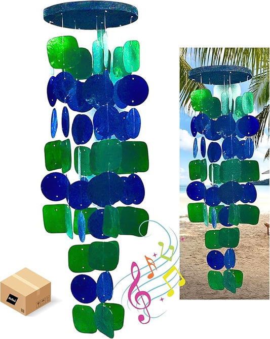 Bellaa 24858 Wind Chimes Outdoor, Garden Decorations, Musical, Indoor/Outside Windchimes, Beach, Ocean Breeze, Gifts for Mom, Gift for All Occasions, Capiz Sea Glass Shells Wood 27 inch Green Blue-Ruum Studio Home