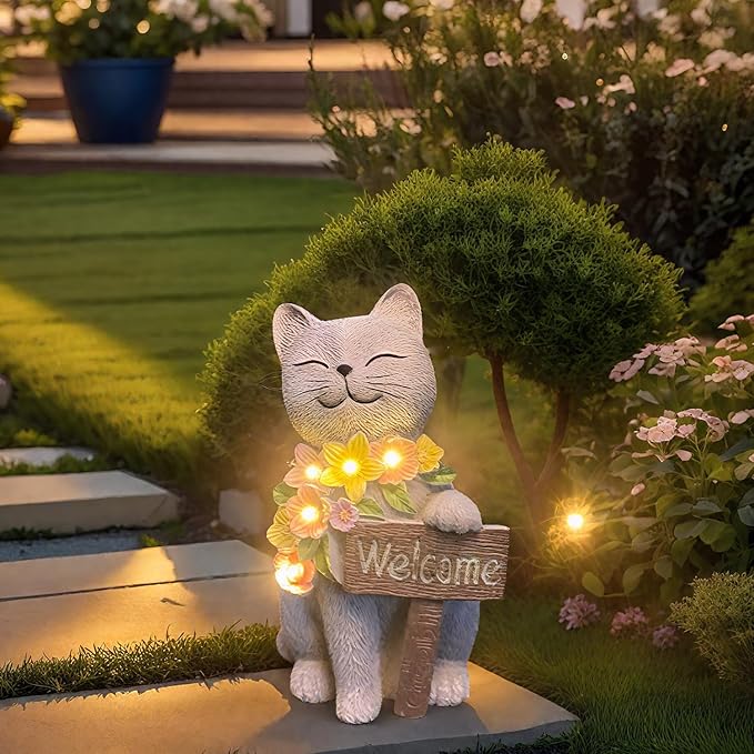 Solar Cat Garden Statue for Outdoor Decor, Cat Solar Light with Flowers, Resin Welcome Cats for Garden, Yard, Lawn Decor, Cats Lover Gifts for Women-Ruum Studio Home