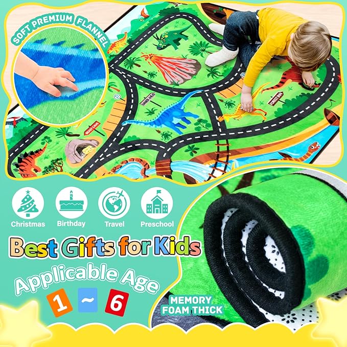 Kids Rug, Car Carpet for Kids' Toy Cars, 6x9 Ft Dinosaur Rug, Dino Safari Road Mat for Playroom, Educational Learning & Game Area Baby Play Mat Carpet for Children-Ruum Studio Home