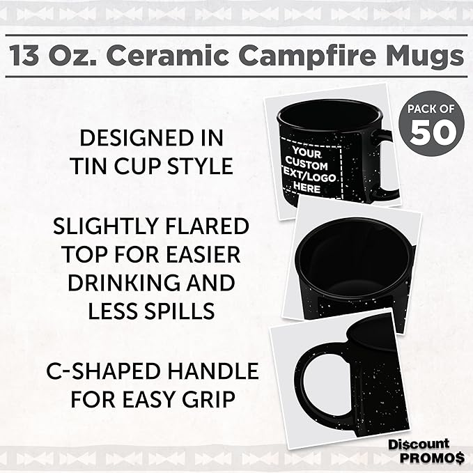 DISCOUNT PROMOS Custom Ceramic Campfire Coffee Mugs 13 oz. Set of 50, Personalized Bulk Pack - Perfect for Tea, Espresso, Cappuccino, Hot Cocoa - Black-Ruum Studio Home