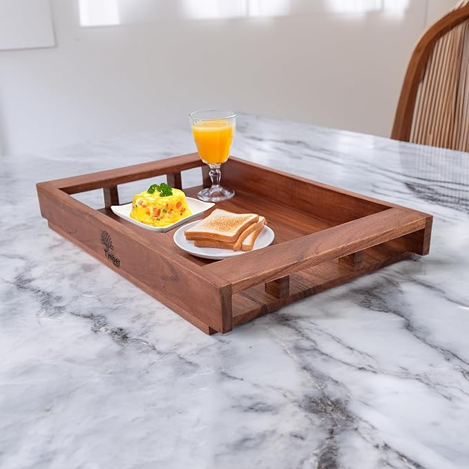 Acacia Wood Serving Tray with Handles – 15x10x2 Inch Decorative Tray for Breakfast in Bed, Dinner, Appetizers, Coffee Table, BBQ, Patio & Party – Perfect for Lap & Couch Use-Ruum Studio Home