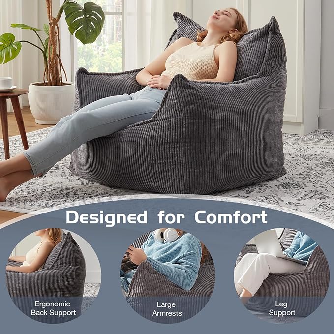 Giant Bean Bag Chair Sofa for Adults Teens, Comfy Corduroy Large Bean Bag Chairs with Armrests for Bedroom Living Room, Adult BeanBag Lazy Sofa Couch Chairs with Filler Included-Ruum Studio Home