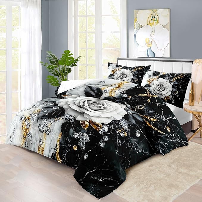 Marble Floral Comforter Set for Queen Bed Women,Vintage Flower Bedding Set Queen,White and Black Comforter Rose Quilt for Girls,Rose Bedding Floral Bedroom Decor Adults-Ruum Studio Home