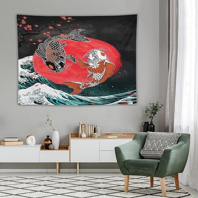 Houselerax Koi Fish Tapestries,Japanese Style Yin Yang Big Wave Cherry Blossoms Tapestry Wall Hanging for Bedroom Living Room Office Decor 80"x60"-Ruum Studio Home