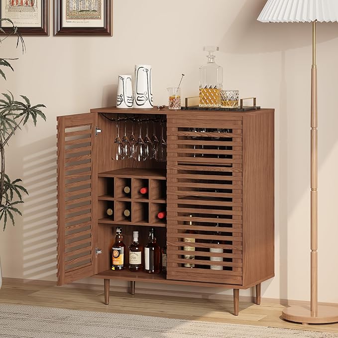 Mid Century Bar Cabinet with Wine Racks, Modern Liquor Cabinet with Slatted Doors for Dining Room, Living Room (Walnut Color)-Ruum Studio Home