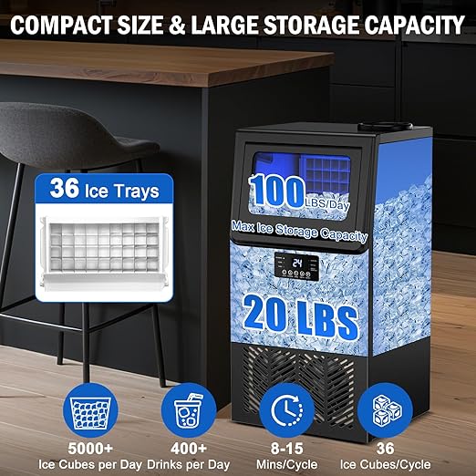 Commercial Ice Maker Machine 100 LBS/24H, 36 Ice Trays Freestanding & Undercounter Ice Machine Stainless Steel with 20 LBS Ice Storage Capacity, Ice Maker with Water Line, Dual Water Inlet, Black-Ruum Studio Home