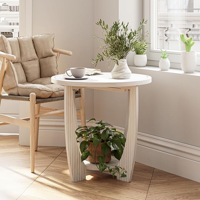 Rustic Farmhouse end Table X 2P with Storage Shelf, French Country Accent Side Table for Family, Dinning or Living Room, Small Spaces, Modern, Round, White-Ruum Studio Home